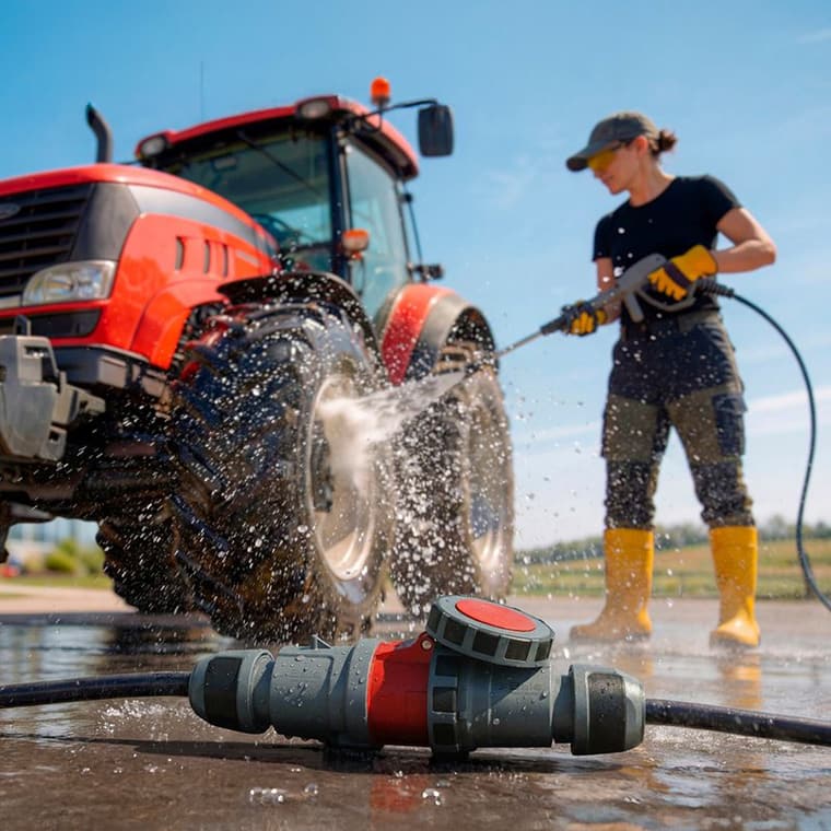 Person reinigt einen Traktor mit einem Hochdruckreiniger, im Vordergrund liegt eine wassergeschützte Steckvorrichtung im Nassen.